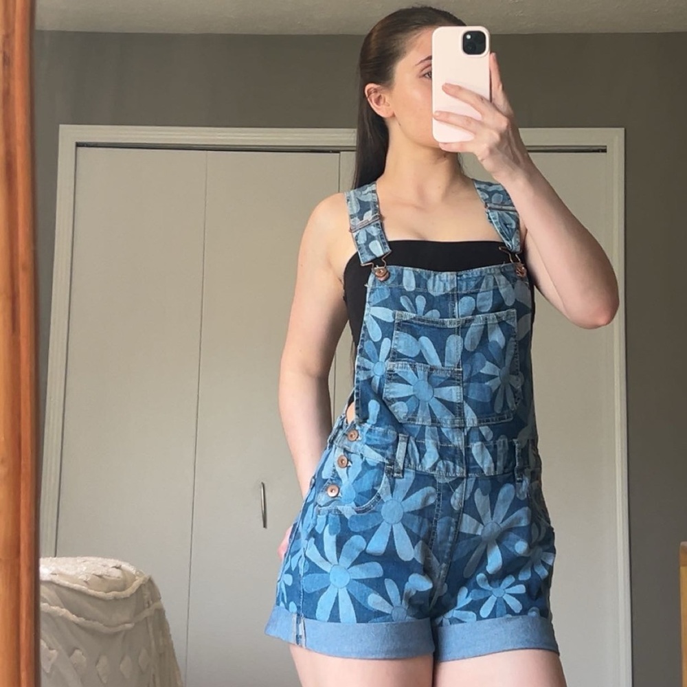 denim floral overalls with adjustable straps